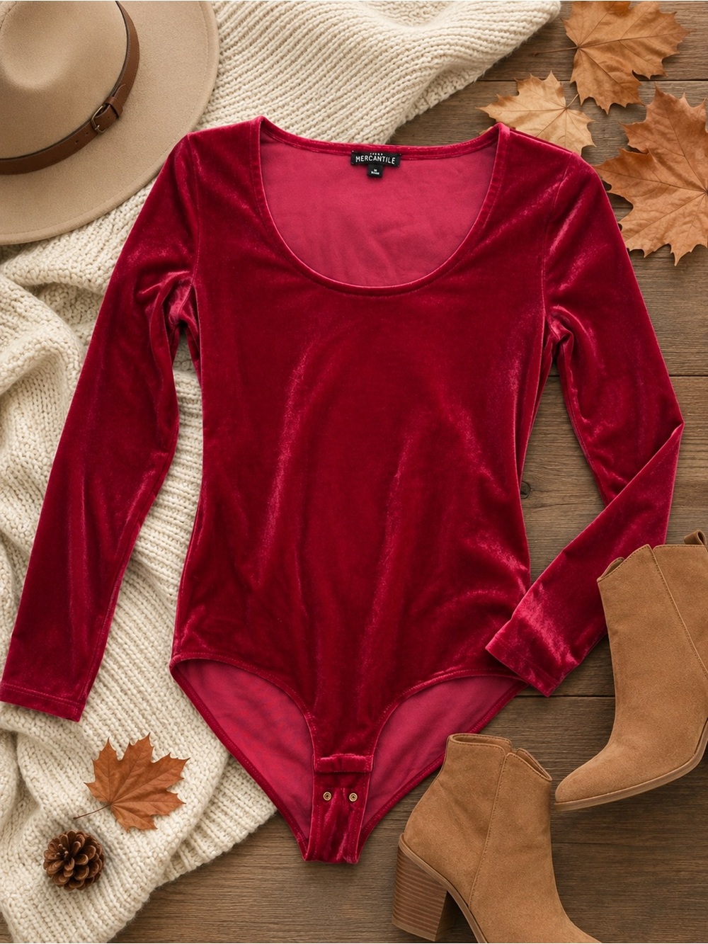 J.Crew Mercantile Red Velour Long Sleeve Scoop Neck Bodysuit Size Small